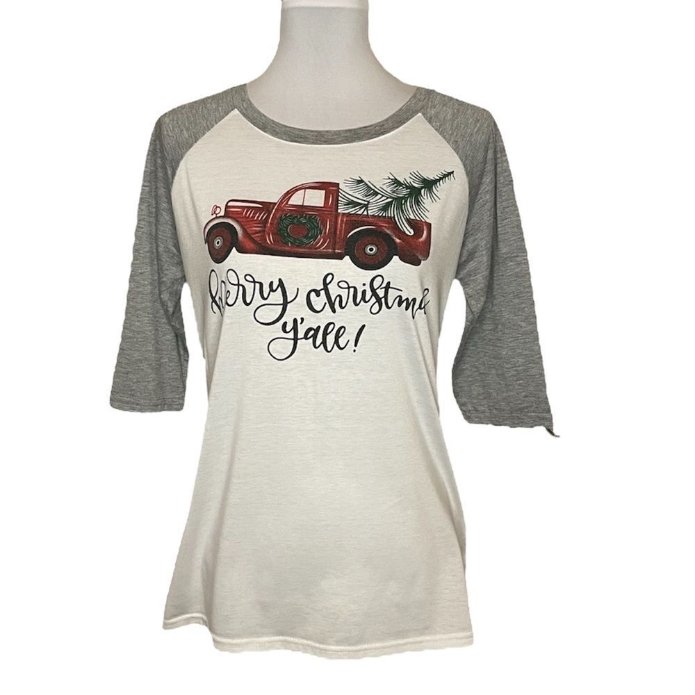 Merry Christmas Ya’ll 3/4 Sleeve Holiday T-Shirt size Medium